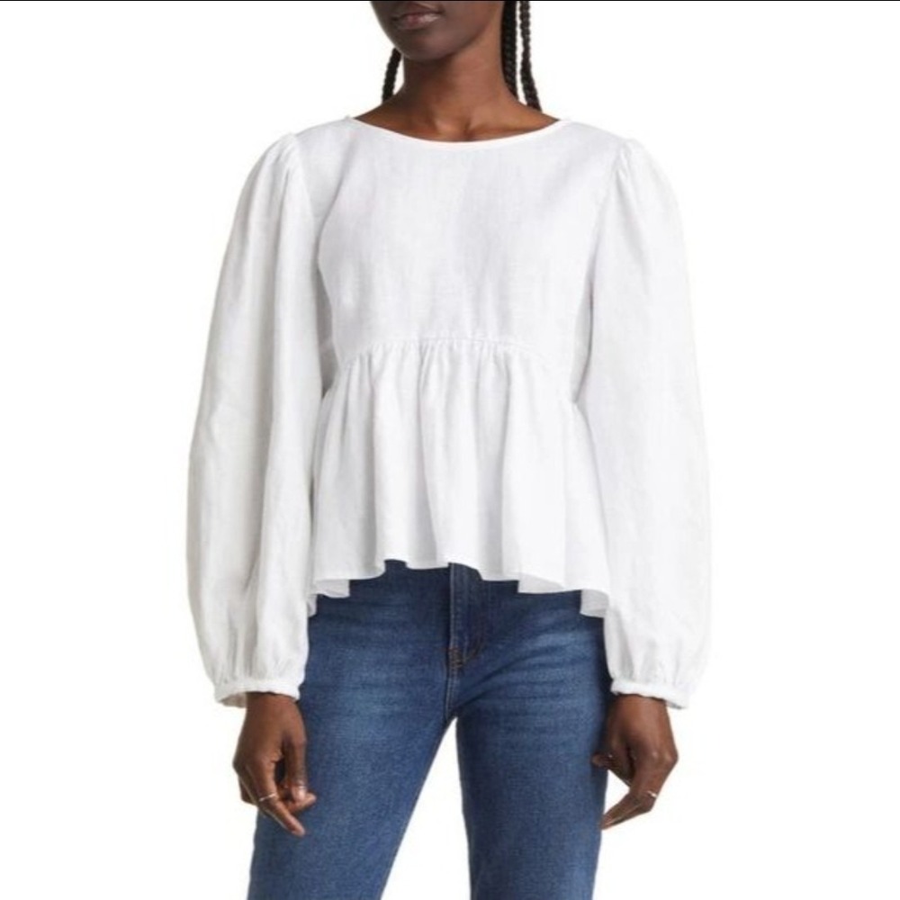 Reformation Rumi White Linen Top Peplum Balloon Sleeve Babydoll Blouse Sz Small